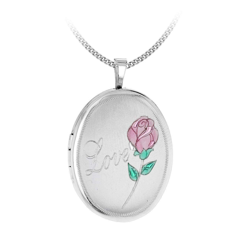 [Australia] - Tuscany Silver Sterling Silver Etched 'Love' and Rose Oval Locket on Curb Chain 46cm/18" 