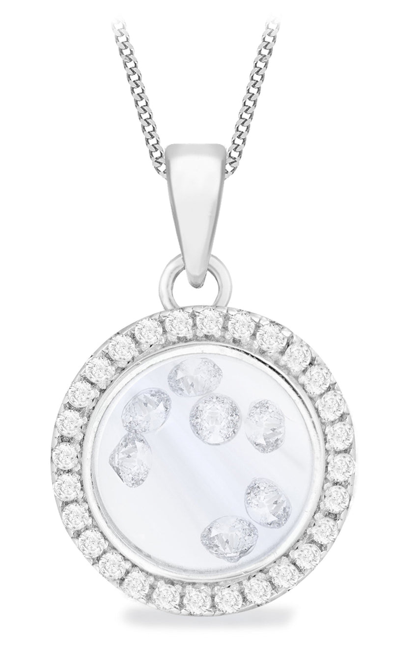 [Australia] - Tuscany Silver Sterling Silver Rhodium Plated Floating Cubic Zirconia Stones Round Pendant on Curb Chain of 46cm/18" 