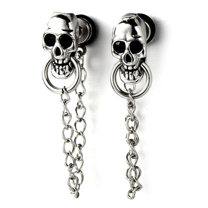 [Australia] - Mens Women Skull Chain Stud Earrings Drop Dangle, Stainless Steel, Screw Back,2pcs 