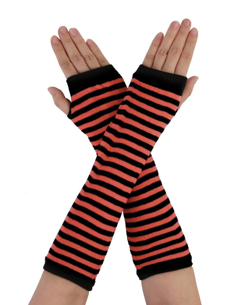 [Australia] - sourcing map Women Black Red Stripe Print Elbow Length Fingerless Arm Gloves Pair 