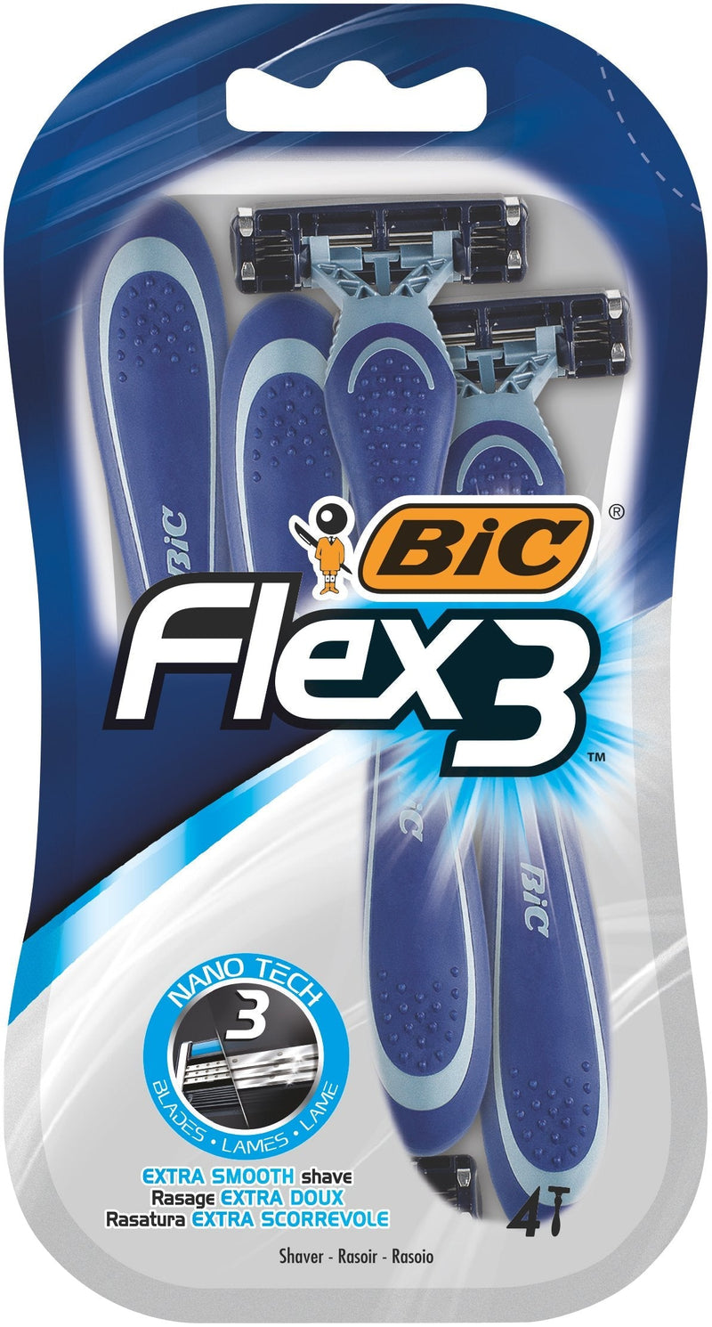 [Australia] - BIC Flex 3, Triple Blade Razor Blades for Men, With Moving Blade Heads for a Close and Soft Shave, Pack of 4 