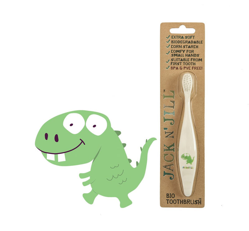 [Australia] - Jack N' Jill Kids Plastic Free Bio Toothbrush, Zero Waste Nylon Bristles Which are Soft on The Gums, Ergonomic Handles for Little Hands, Suitable from First Tooth - Dino 