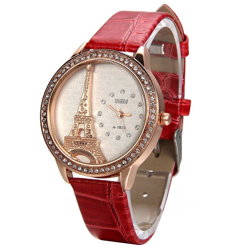 [Australia] - JewelryWe Bling Rhinestone Accented Eiffel Tower Soft Leather Watch Ladies Women Watches Red 