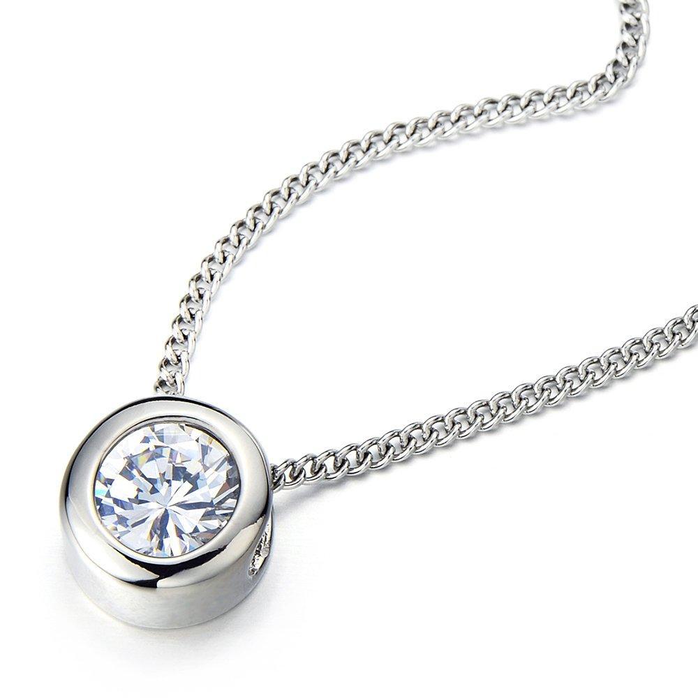 [Australia] - COOLSTEELANDBEYOND Stainless Steel 6.5mm Cubic Zirconia Round Solitaire Bezel Set Pendant Necklace with 20 Inches Chain 