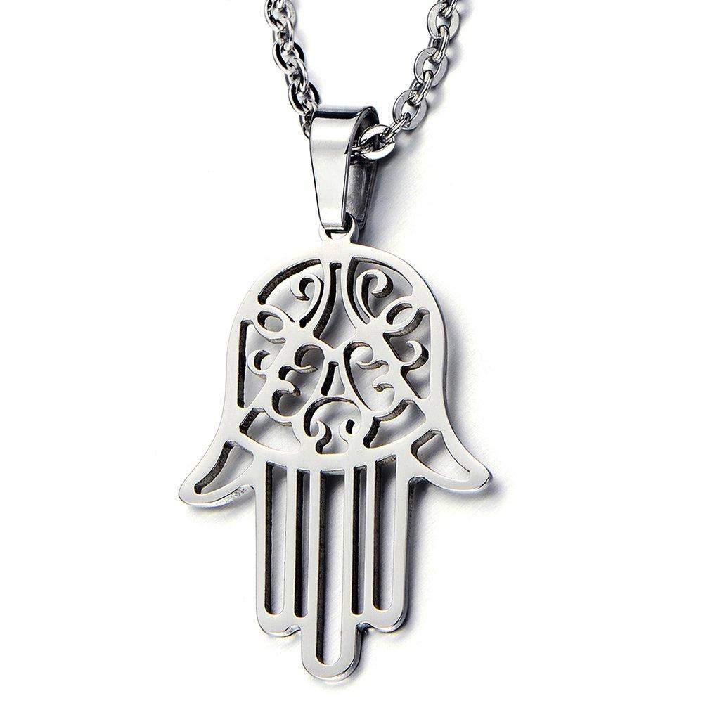 [Australia] - COOLSTEELANDBEYOND Hamsa Hand of Fatima Pendant Necklace Stainless Steel with 20 Inches Chain 
