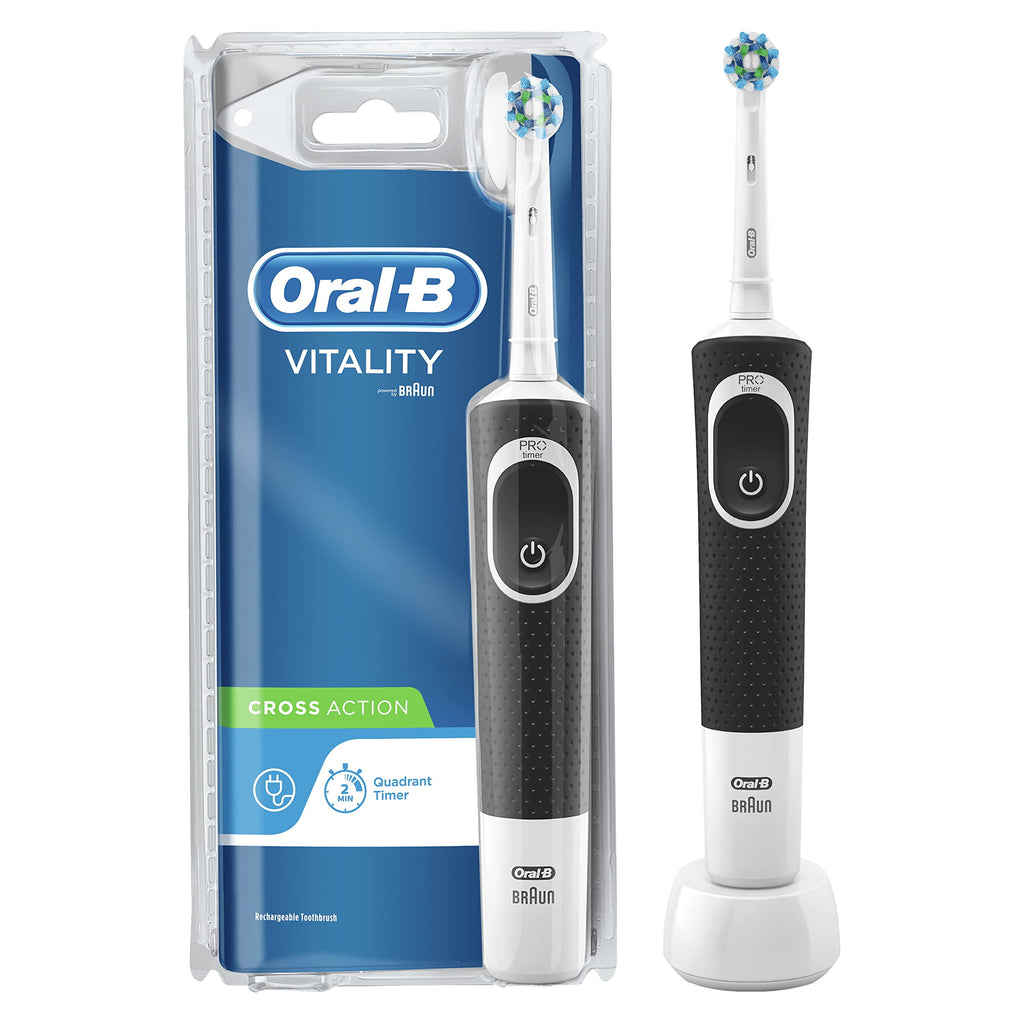 [Australia] - Oral-B Vitality CrossAction Electric Toothbrush, 1 Handle, 1 Cross Action Toothbrush Head, 1 Mode with 2D Cleaning, 2 Pin UK Plug, Black & White Old Black 