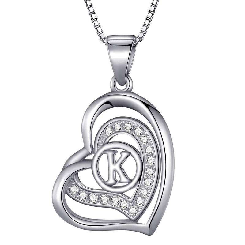 [Australia] - Morella Women's Necklace with Heart Pendant Letters 925 Sterling Silver Rhodium Plated with Zirconia White in Velvet Bag Letter K 