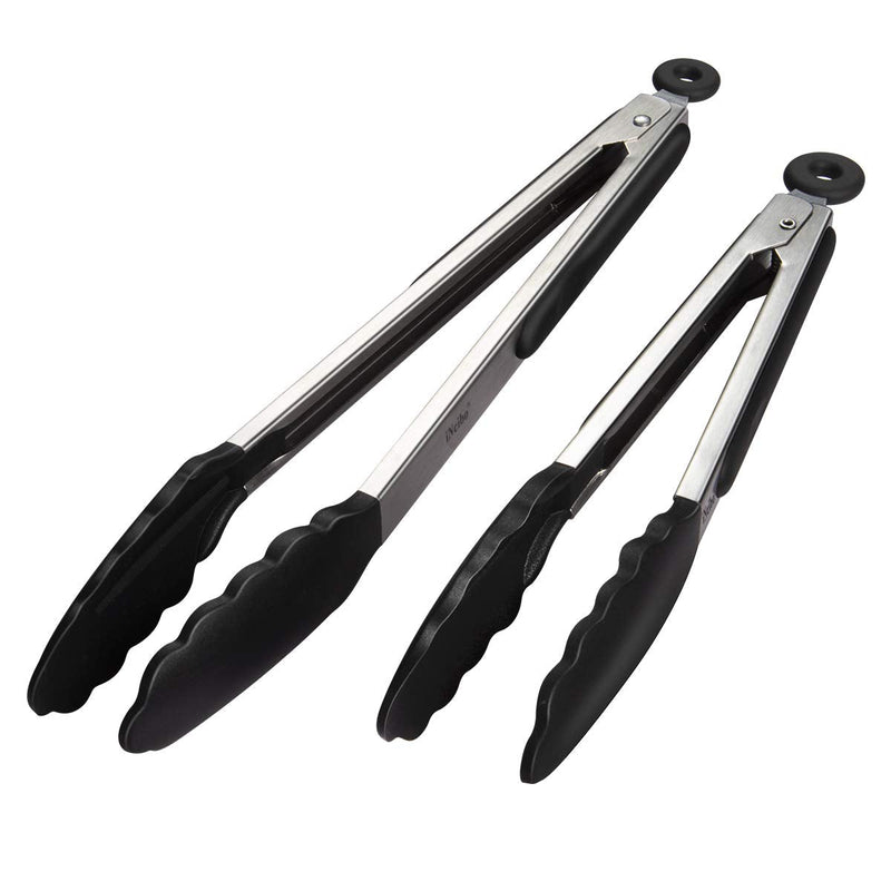 [Australia] - iNeibo Kitchen Tongs - 9'' & 12'' Non-Slip Smart Locking Stainless Steel Cooking Tongs with Silicone Tips for Grilling BBQ Serving Salad Ice (Black) Black 