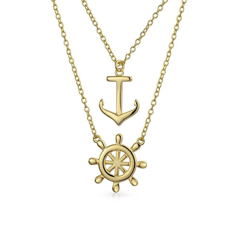 [Australia] - Set Of 2 Nautical Ship Wheel Layering Boat Anchor Pendant Necklace For Women Teens 14K Gold Plated .925 Sterling Silver Jewelry Set 