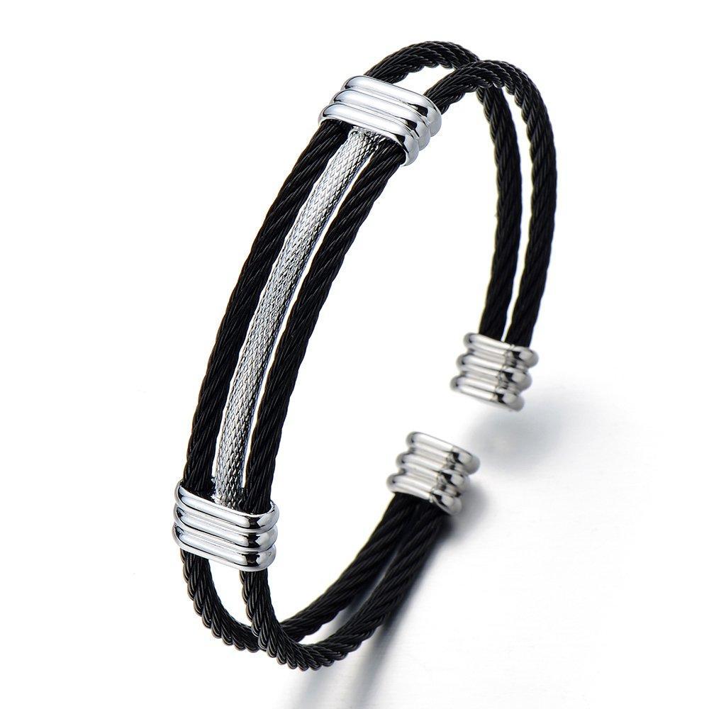[Australia] - COOLSTEELANDBEYOND Mens Womens Stainless Steel Twisted Cable Adjustable Cuff Bangle Bracelet Silver Black Two Tone 