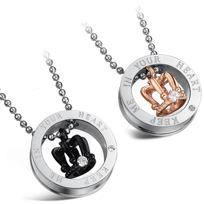[Australia] - Flongo "Keep Me in Your Heart Stainless Steel Valentine Gift King Queen Crown Pendant Necklace Black,gold, 2pcs 