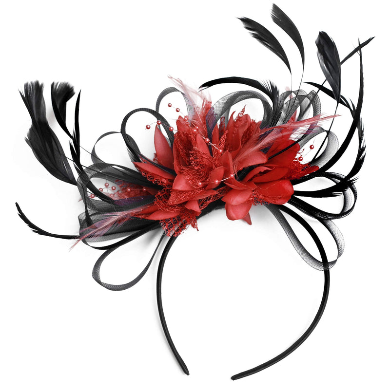 [Australia] - Caprilite Black and Red Net Hoop Feather Hair Fascinator Headband Wedding Royal Ascot Races 
