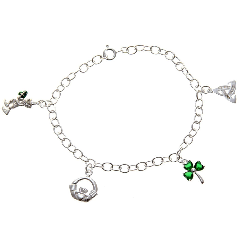 [Australia] - Alexander Castle Sterling Silver Irish Charm Bracelet with Leprechaun, Claddagh, Shamrock and Trinity Charms. Comes in a Jewellery Presentation Gift Box 