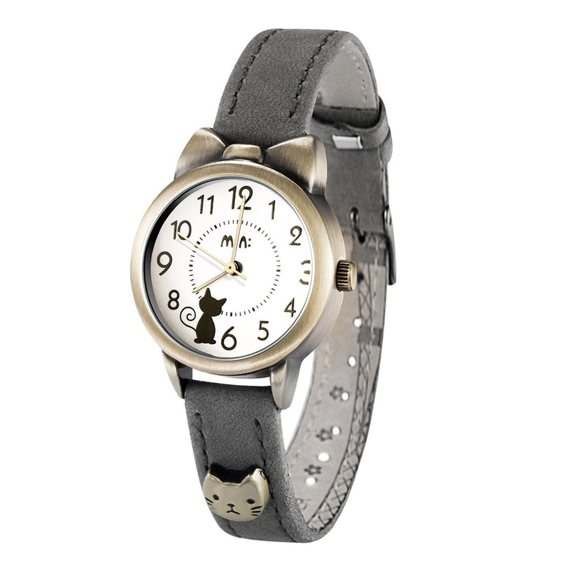 [Australia] - Fq-234 Brown Leather Strap Bowknot Kitty Design Students Girls Woman Quartz Wrist Watches 