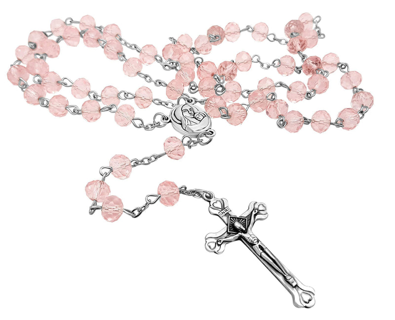 [Australia] - Nazareth Store Light Pink Crystal Beads Rosary Catholic Necklace Holy Soil Medal & Crucifix Brand Velvet Bag 