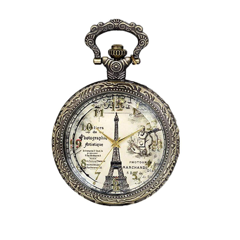 [Australia] - JewelryWe Retro Vintage Bronze Eiffel Tower Roman Numbers Quartz Pocket Watch Necklace Pendant Long 30.9 Inch Chain Birthday Gift (with Gift Bag) 