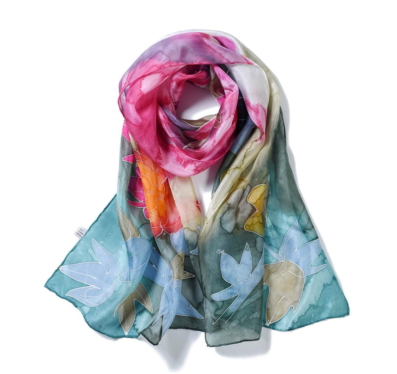 [Australia] - Invisible World Women's 100% Mulberry Silk Scarf Long Hand Painted Floral Multicolour 