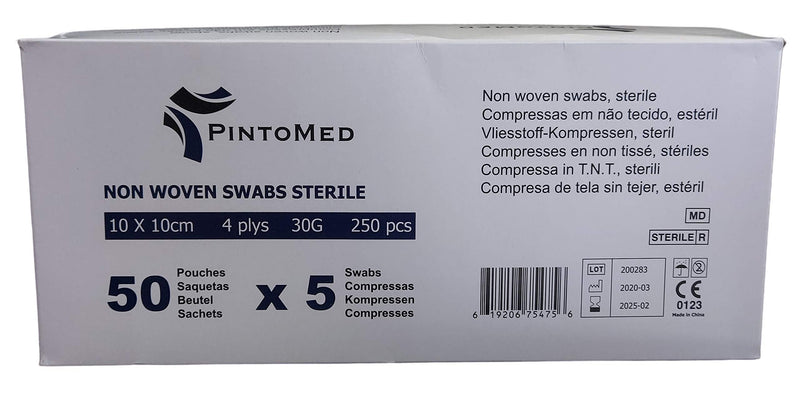 [Australia] - PintoMed - Non-Woven Swabs Sterile, Soft Wound Care, Absorbent, First Aid, 10cm x 10cm 4Plys - Pack of 250 Pcs, 50 Pouches, 5 per Pouch 