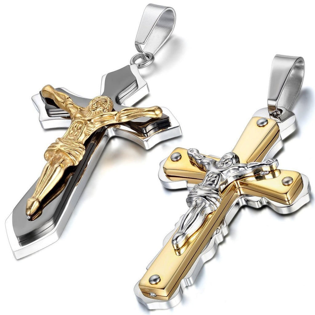 [Australia] - JewelryWe New Stainless Steel Mens Jesus Crucifix Cross Pendant Necklace, 22 inch Chain (with Gift Bag) 2pcs(black+gold) 