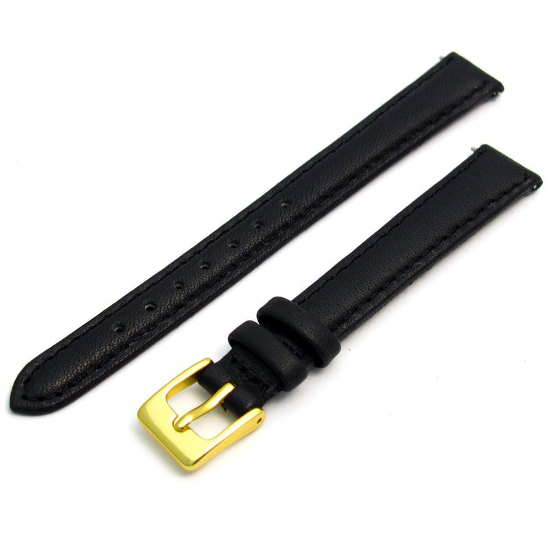 [Australia] - Ladies Soft Genuine Leather Watch Strap Band 12mm, Black, Gilt (Gold Colour) Buckle 
