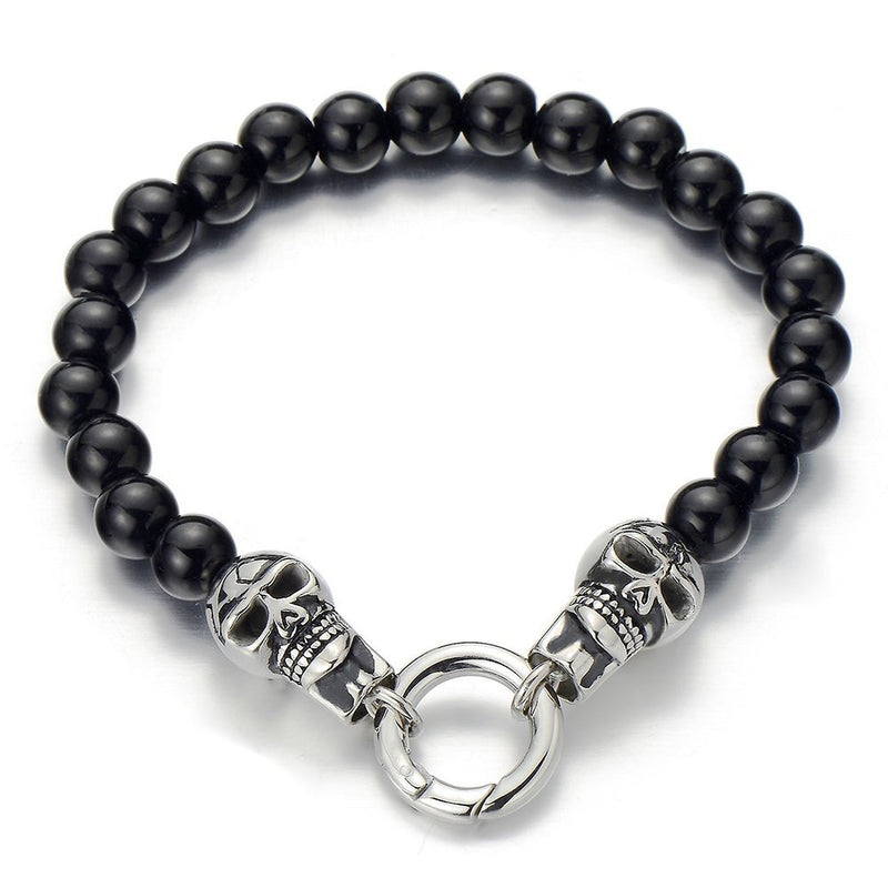 [Australia] - COOLSTEELANDBEYOND Gothic Style Mens Black Onyx Beads Bracelet with Stainless Steel Skulls 