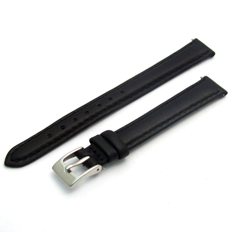 [Australia] - Ladies Soft Genuine Leather Watch Strap Band 12mm, Black, Chrome (Silver Colour) Buckle 