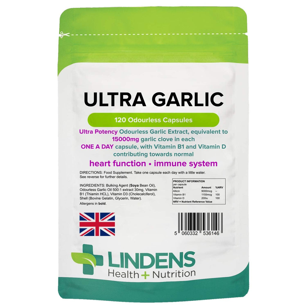 [Australia] - Lindens Ultra Garlic Odourless Capsules - 120 Pack - Including Vitamin B1 and D3 - Contributes to Normal Muscle Function, Heart and Immune Health - 15000mg Garlic (10500mcg Allicin) - UK Manufacturer, Letterbox Friendly 