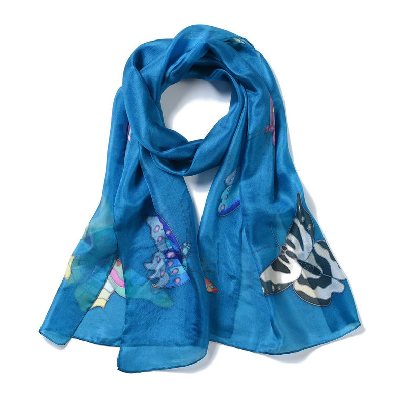 [Australia] - Invisible World Women's 100% Mulberry Silk Scarf Hand Painted Butterfly Long for Neck Hair or Head - Blue 
