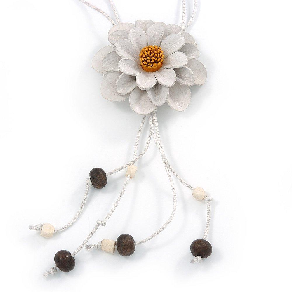 [Australia] - Avalaya Off White Leather Daisy Pendant with Long Cotton Cord - 80cm L - Adjustable 