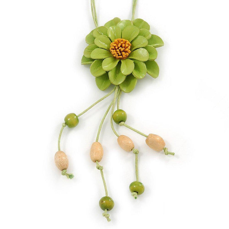 [Australia] - Avalaya Salad Green Leather Daisy Pendant with Long Cotton Cord - 80cm L - Adjustable 