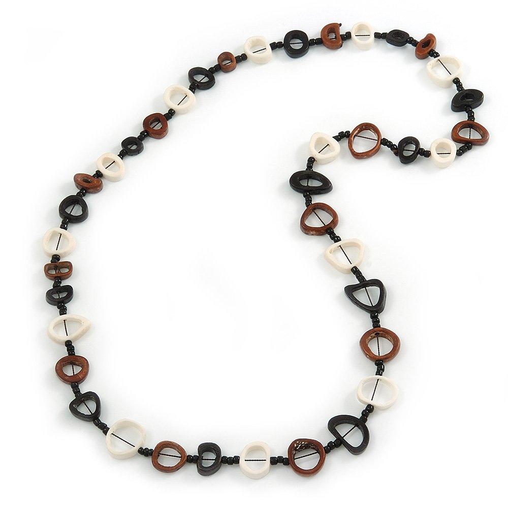 [Australia] - Avalaya Black/Brown/White Open Cut Bone Rings and Glass Bead Necklace - 78cm L 