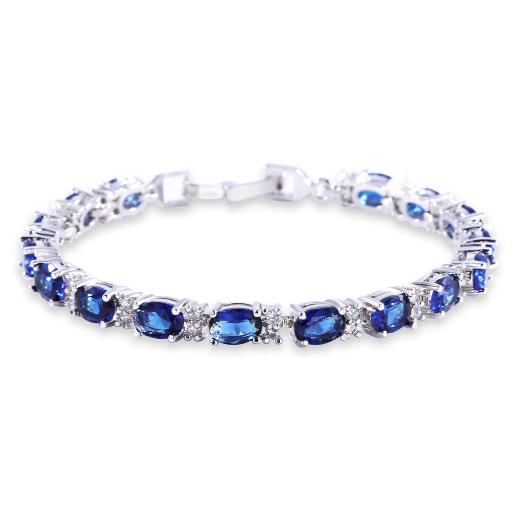 [Australia] - GULICX White Gold Electroplated Cubic Zirconia Blue Crystal Bangle Roman Tennis Bracelet Sapphire Color Link Chain 