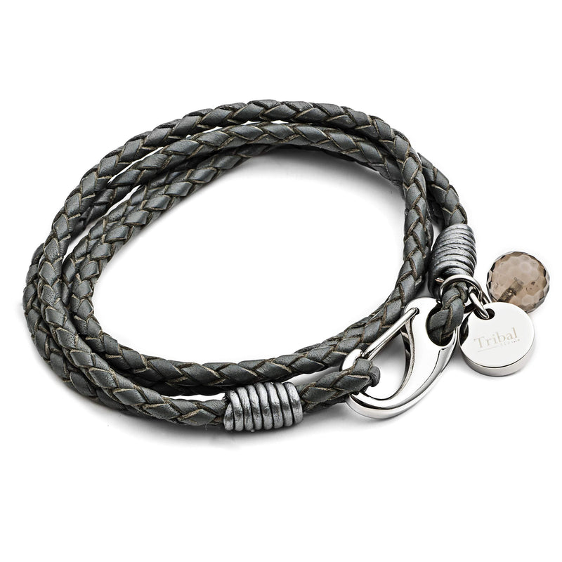[Australia] - Grey Large Size Leather Charm Bracelet for Women, Multi-Strand Leather Bracelet with Shrimp Clasp, Crystal Charm + Disc. 20cm, by Tribal Steel 