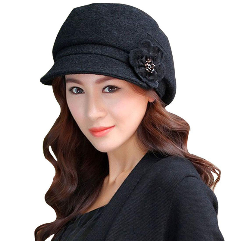 [Australia] - Lerben Fashion Women Ladies Vintage Elegant Knitted Winter Warm Cloche Flower Brim Cap Bowler Hat Slouchy Cap Black 