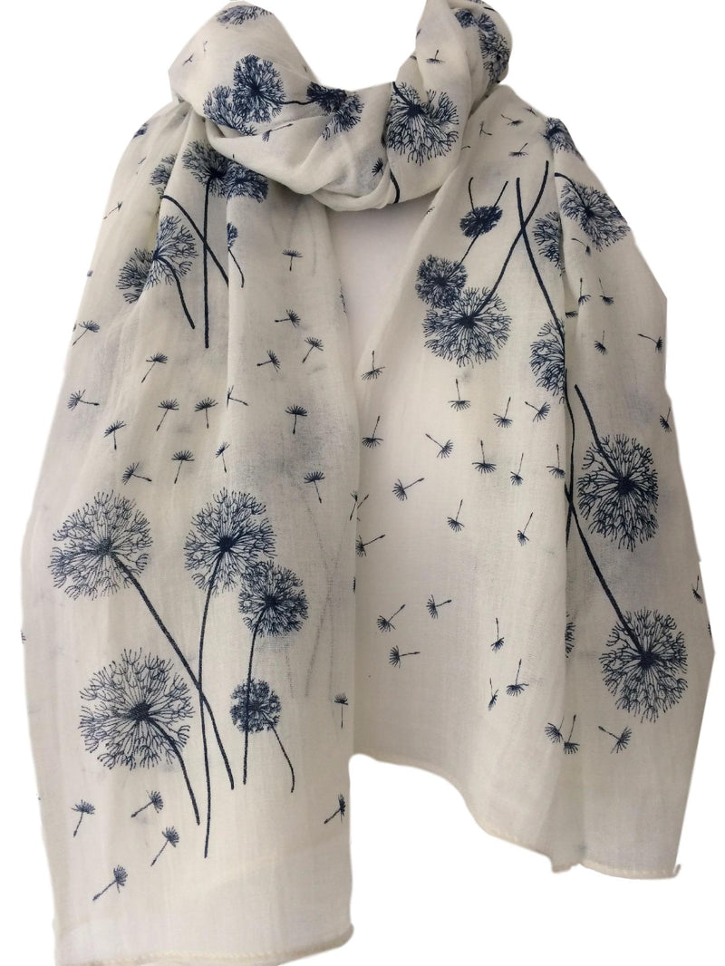 [Australia] - Purple possum® Cream Floral Scarf Ladies Ivory Navy Blue Flowers Wrap Dandelion Flower Shawl 