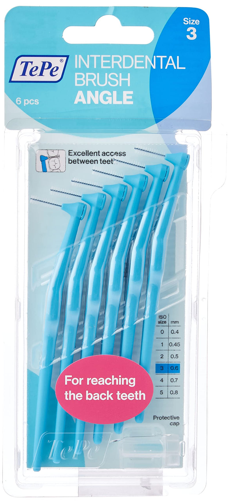 [Australia] - TePe Angle Blue Interdental Brushes (0.6mm - Size 3) - Easy and Simple Interspace Cleaning with Long Handle and Angled Neck, 1 x 6 Brushes 