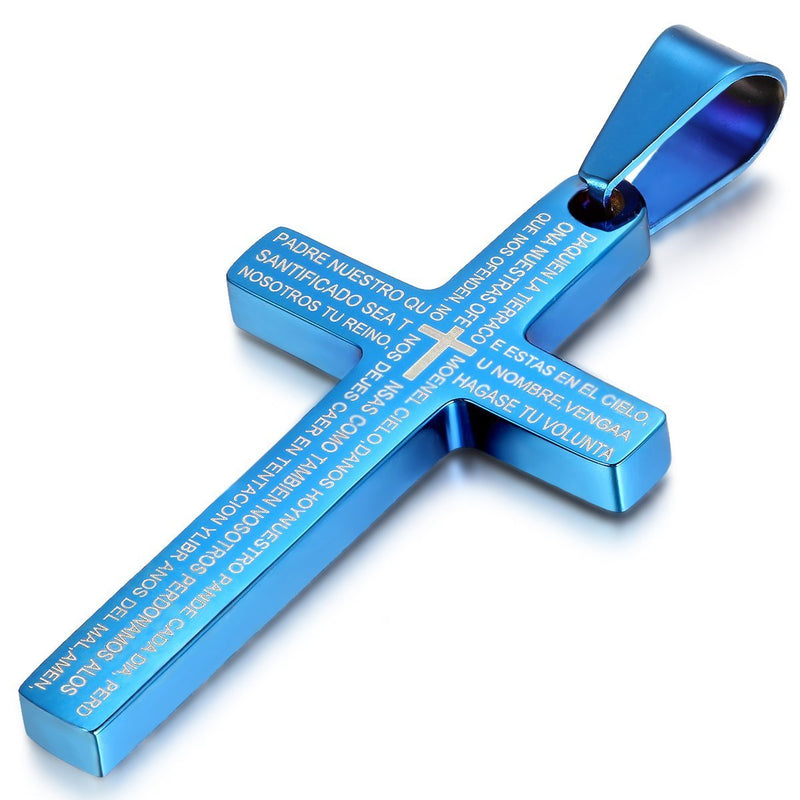 [Australia] - JewelryWe Men's Stainless Steel Lords Prayer Cross Pendant Necklace, 21.3 inch Chain (with Gift Bag) Blue 