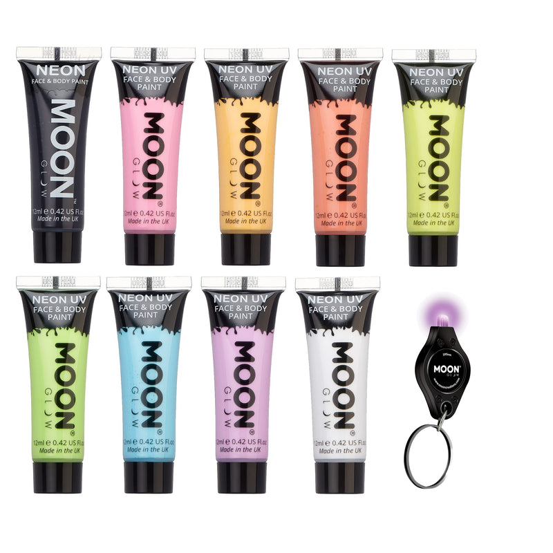 [Australia] - Moon Glow - Pastel Neon UV Face & Body Paint - 12ml Set of 9 - includes UV Keyring 