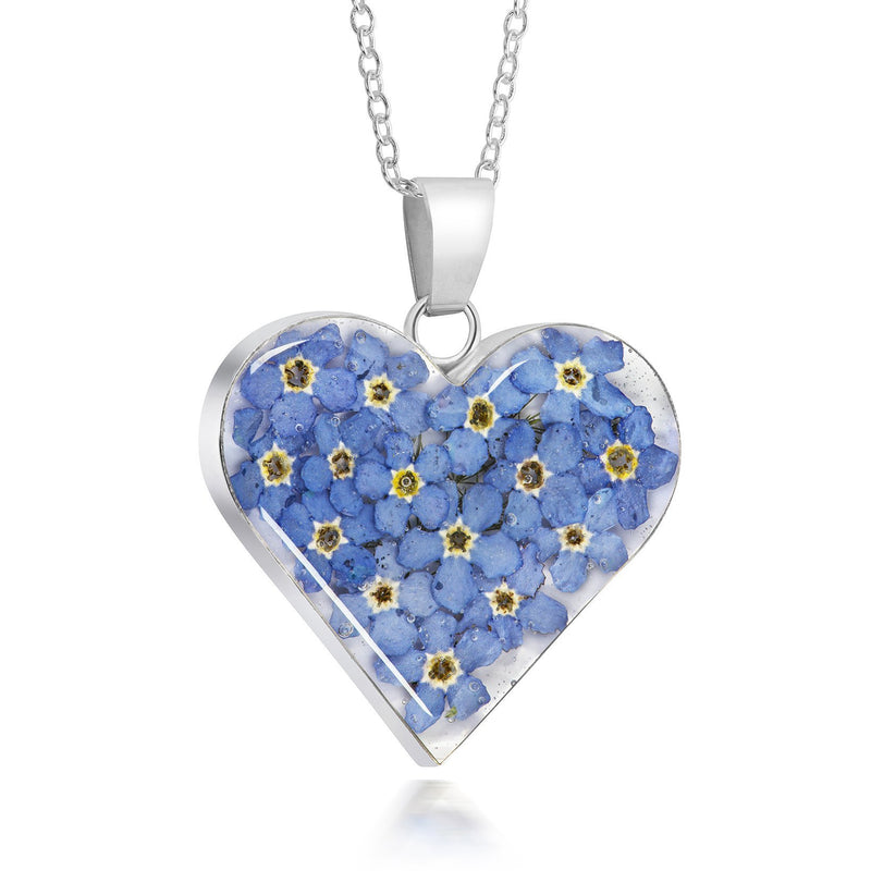 [Australia] - Sterling Silver Medium Heart Pendant Made With Real Forget Me Nots 