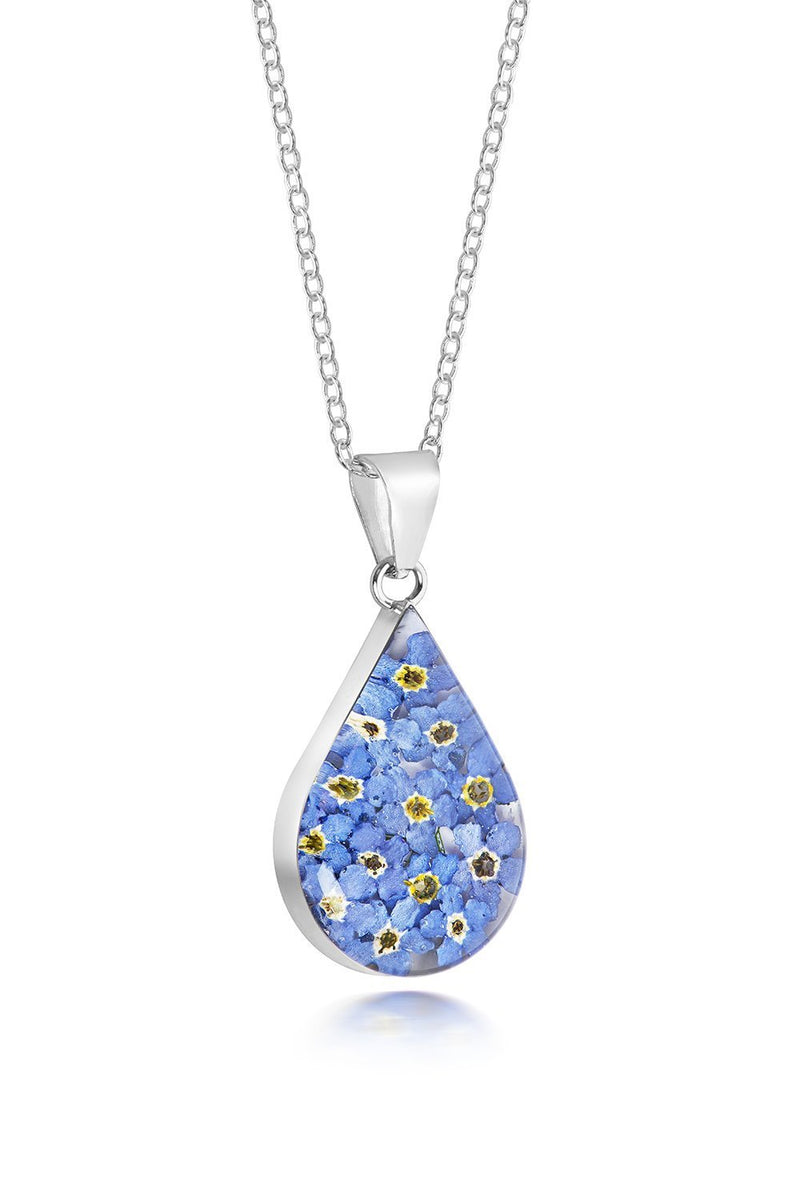 [Australia] - Natural Flower Jewellery Sterling Silver Medium Tear Drop Pendant Made with Real Forget Me Nots 