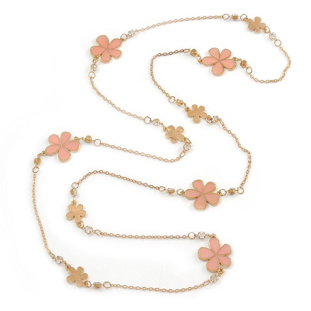 [Australia] - Avalaya Long Light Pink Enamel Daisy Floral Necklace in Gold Plating - 112cm L 