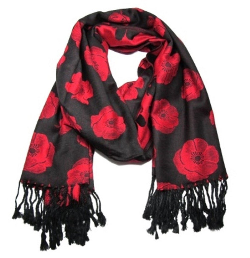 [Australia] - New Fine Pashmina Soft Black Red Poppy Poppies Print Scarf Wrap Gift 