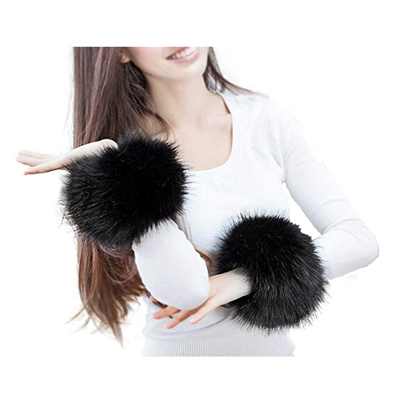 [Australia] - SwirlColor Soft and Fluffy Faux Fur Wrist Band Ring Cuffs Warmer For Women (Black) 