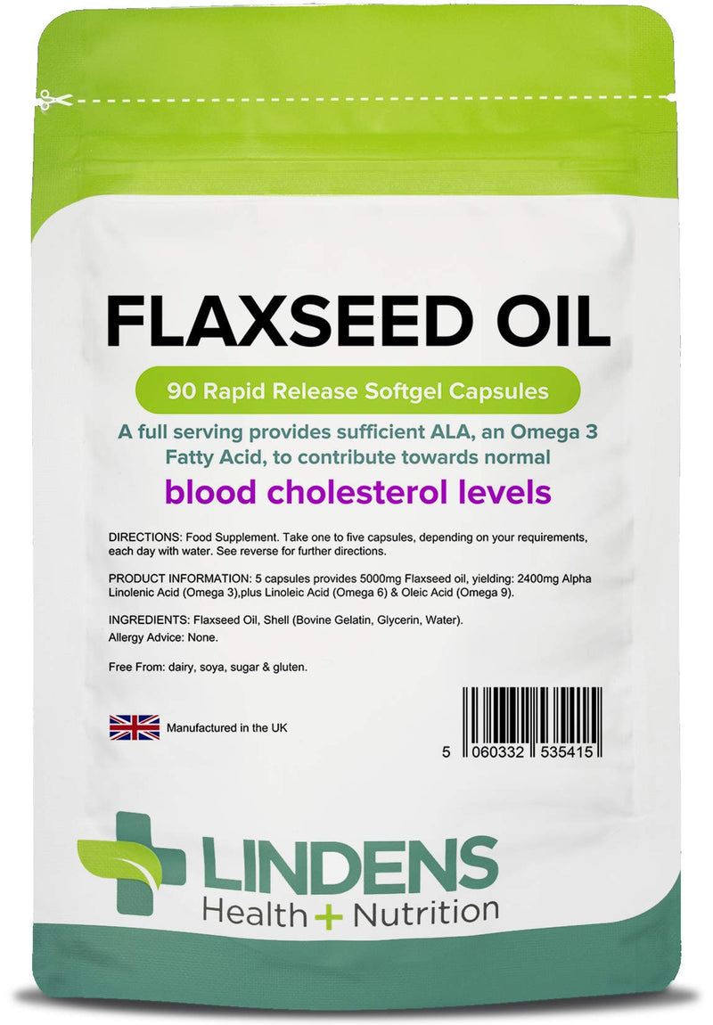 [Australia] - Lindens Flaxseed Oil 1000mg - 90 Capsules - Source of Omega 3 6 9 | UK Made | High in Alpha Linoleic Acid (ALA) | Maintenance of Normal Blood Cholesterol Levels | Fish Oil Alternative 90 Count (Pack of 1) 