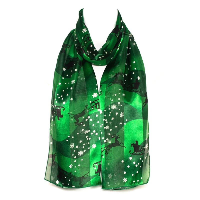 [Australia] - HatToSocks Christmas Snowflakes Santa on Sleigh Chiffon Satin Scarf Green 