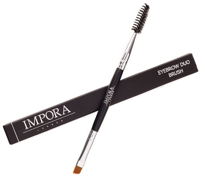 [Australia] - Duo Eyebrow Brush & Spoolie by Impora London. Flat, Angled Brush Perfect for Lining / Shaping Brows. Use with Gel, Cream or Powder Colours. Spoolie for Brows or Lashes. Black 