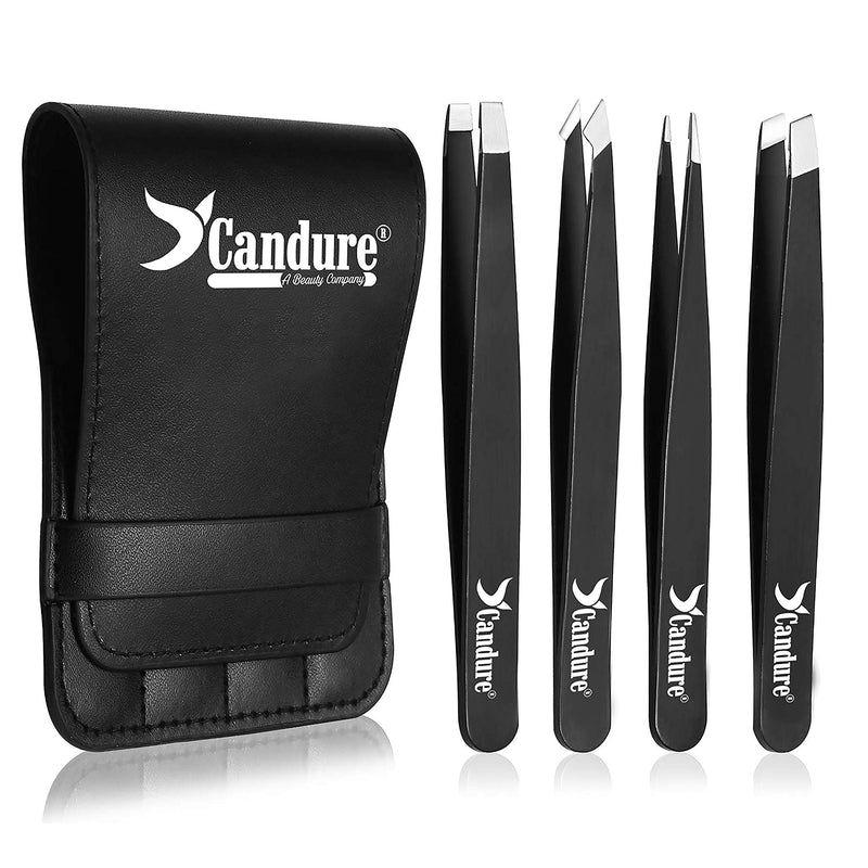 [Australia] - Candure Tweezers for Eyebrows - Professional Stainless Steel Slanted and Pointed Tip Hair tweezers Set for Ingrown Hair, Blackhead Removal, Eyelash Extension, Eyebrows Plucking Beauty Tool for Women Black 
