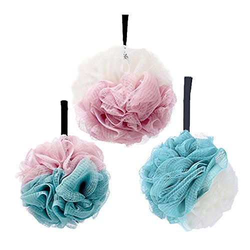 [Australia] - G2PLUS 3-Pack Bath Puff Soft Bath Lily Extra-Dense Shower Ball Loofah Sponge Body Exfoliate Pouf 1x White/Green, 1x Green/Pink and 1x White/Pink 