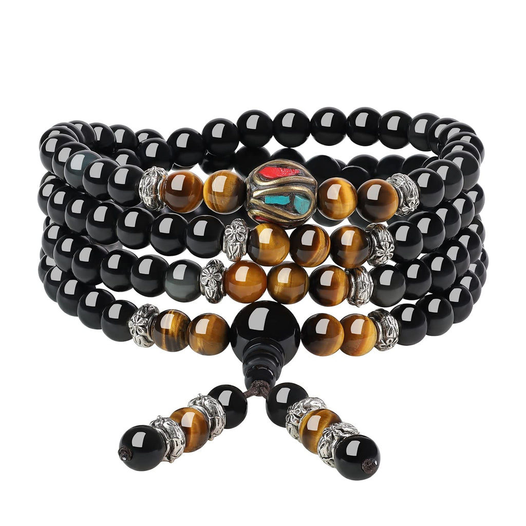 [Australia] - coai Obsidian Stone 108 Mala Beads Wrap Bracelet Necklace Brown Tiger Eye 