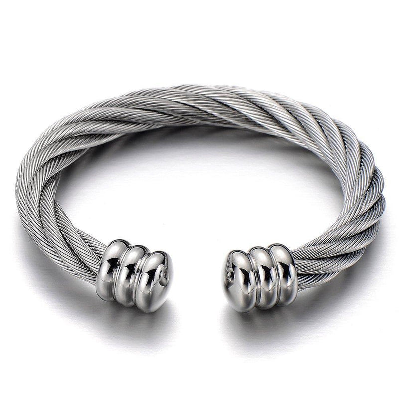 [Australia] - COOLSTEELANDBEYOND Large Elastic Adjustable Steel Twisted Cable Cuff Bangle Bracelet for Men Women Silver Color Metal Color：silver 